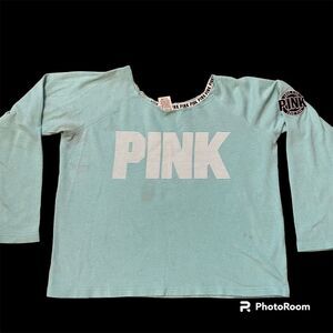 Victoria Secret Top Sz M PINK Fleece Cropped Raw Neckline LOGO Aqua